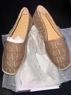 Versace Tan Logo Canvas Espadrille Flats